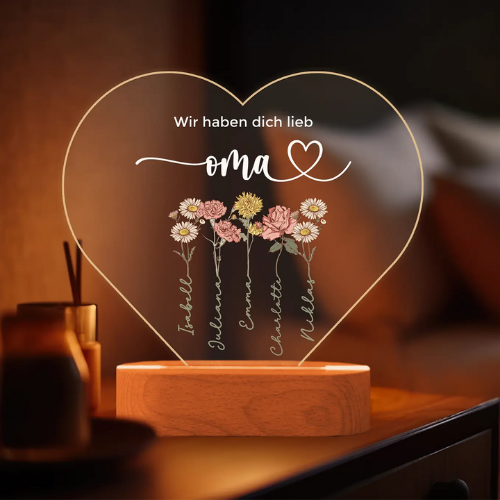 Personalisiertes Herz Acryl-Licht "Blumen für Oma" | Nachtlicht, Dekolicht, Glowlight