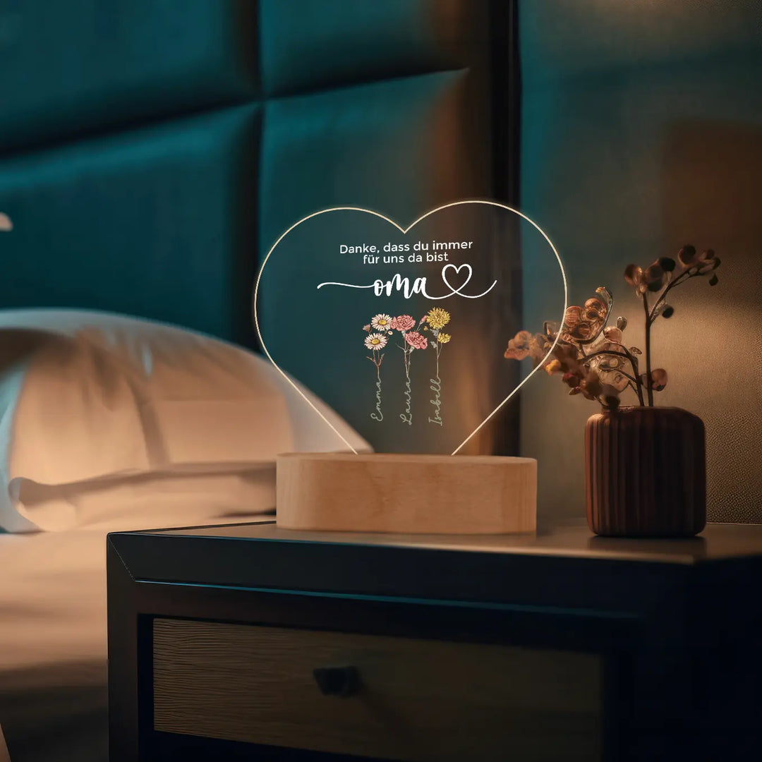 Personalisiertes Herz Acryl-Licht "Blumen für Oma" | Nachtlicht, Dekolicht, Glowlight