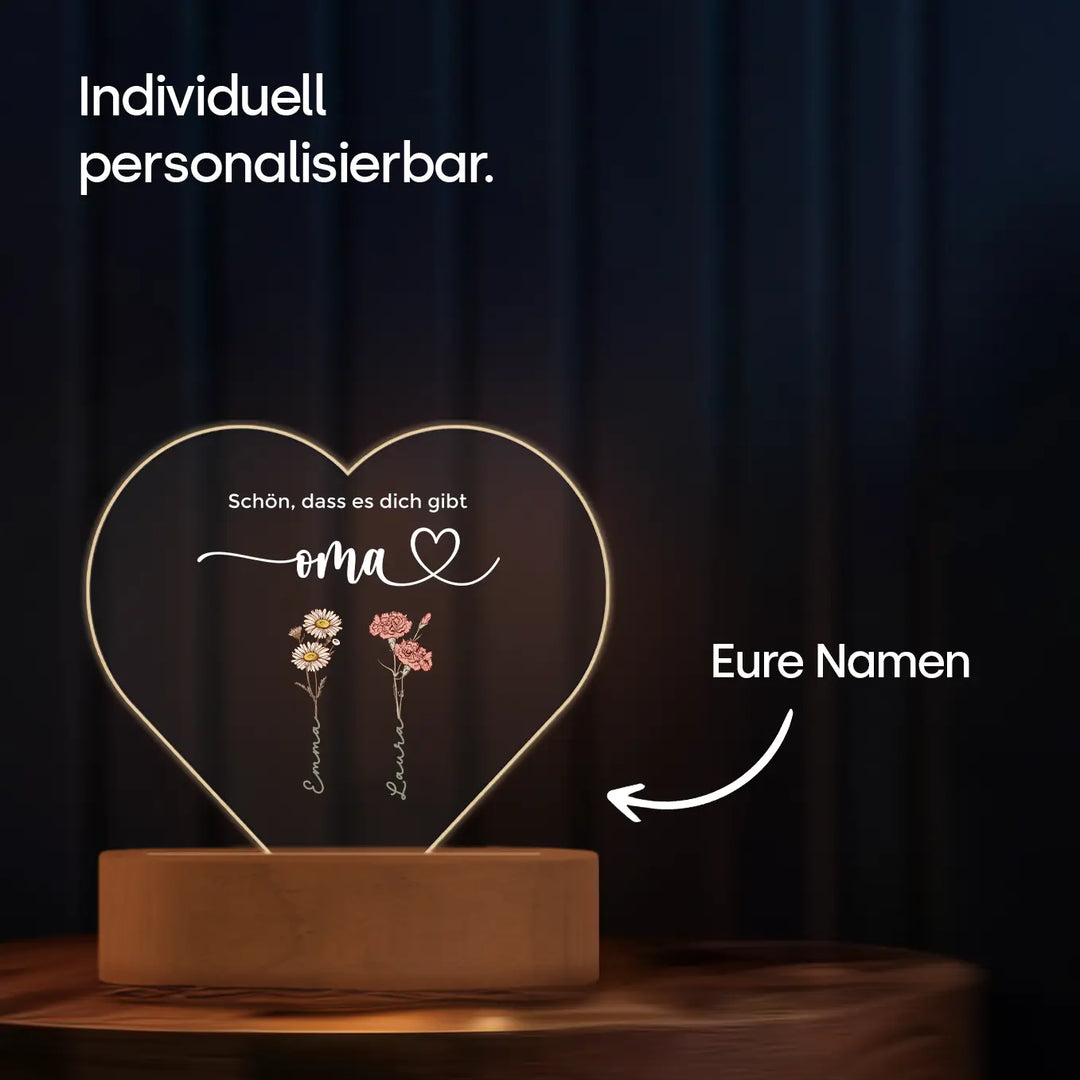 Personalisiertes Herz Acryl-Licht "Blumen für Oma" | Nachtlicht, Dekolicht, Glowlight
