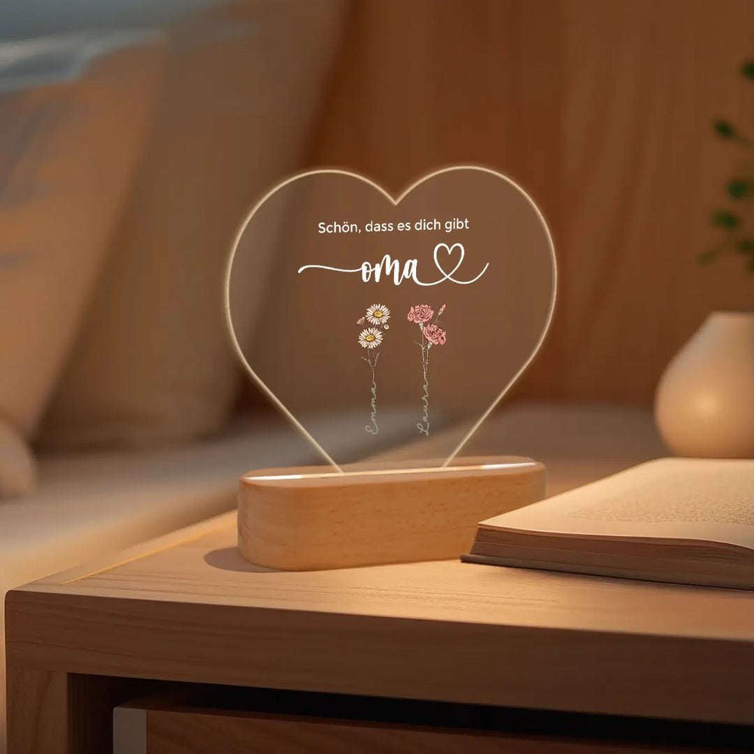 Personalisiertes Herz Acryl-Licht "Blumen für Oma" | Nachtlicht, Dekolicht, Glowlight