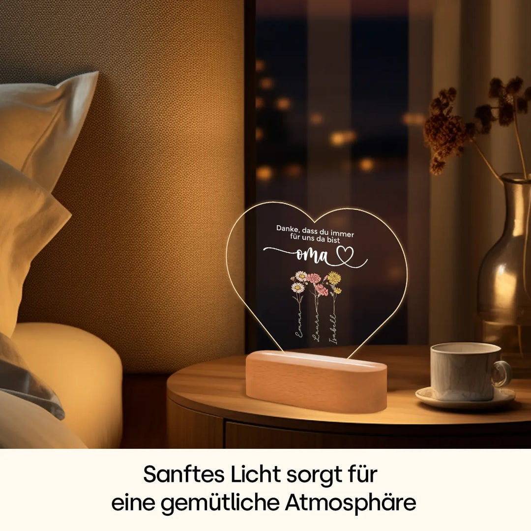 Personalisiertes Herz Acryl-Licht "Blumen für Oma" | Nachtlicht, Dekolicht, Glowlight