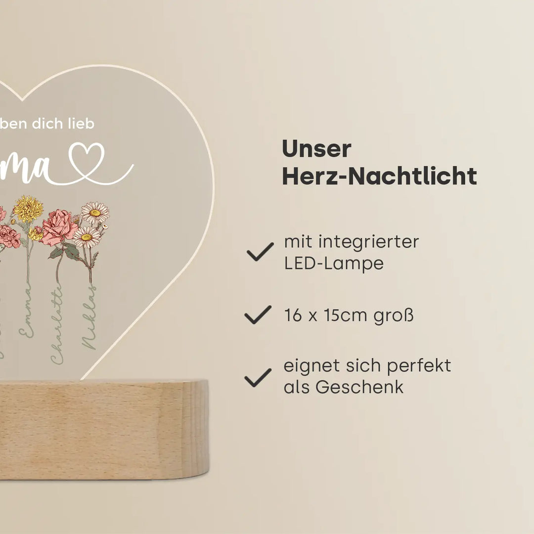 Personalisiertes Herz Acryl-Licht "Blumen für Oma" | Nachtlicht, Dekolicht, Glowlight