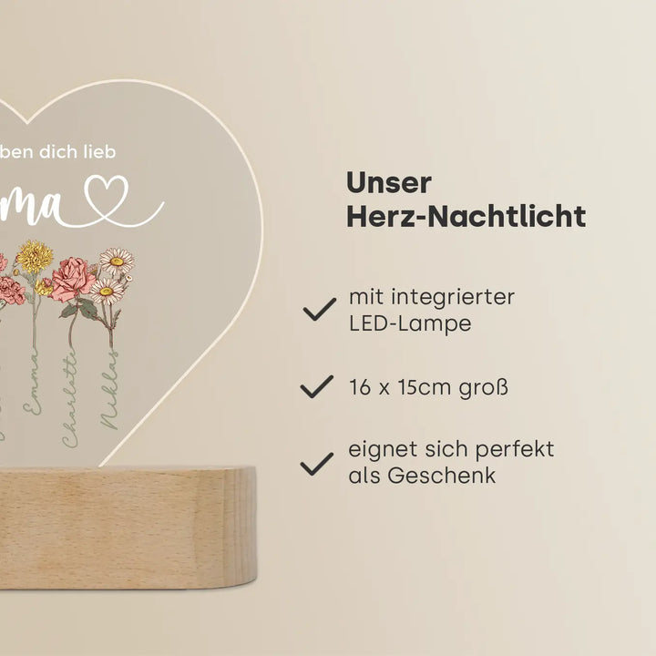 Personalisiertes Herz Acryl-Licht "Blumen für Oma" | Nachtlicht, Dekolicht, Glowlight