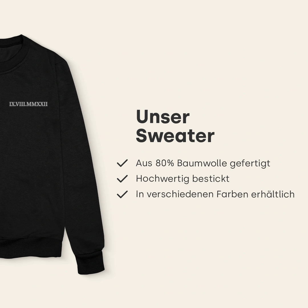 Personalisierter Sweater bestickt "Römisches Datum”