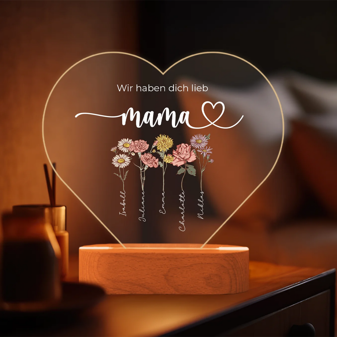 Personalisiertes Herz Acryl-Licht ''Blumen für Mama'' | Nachtlicht, Dekolicht, Glowlight