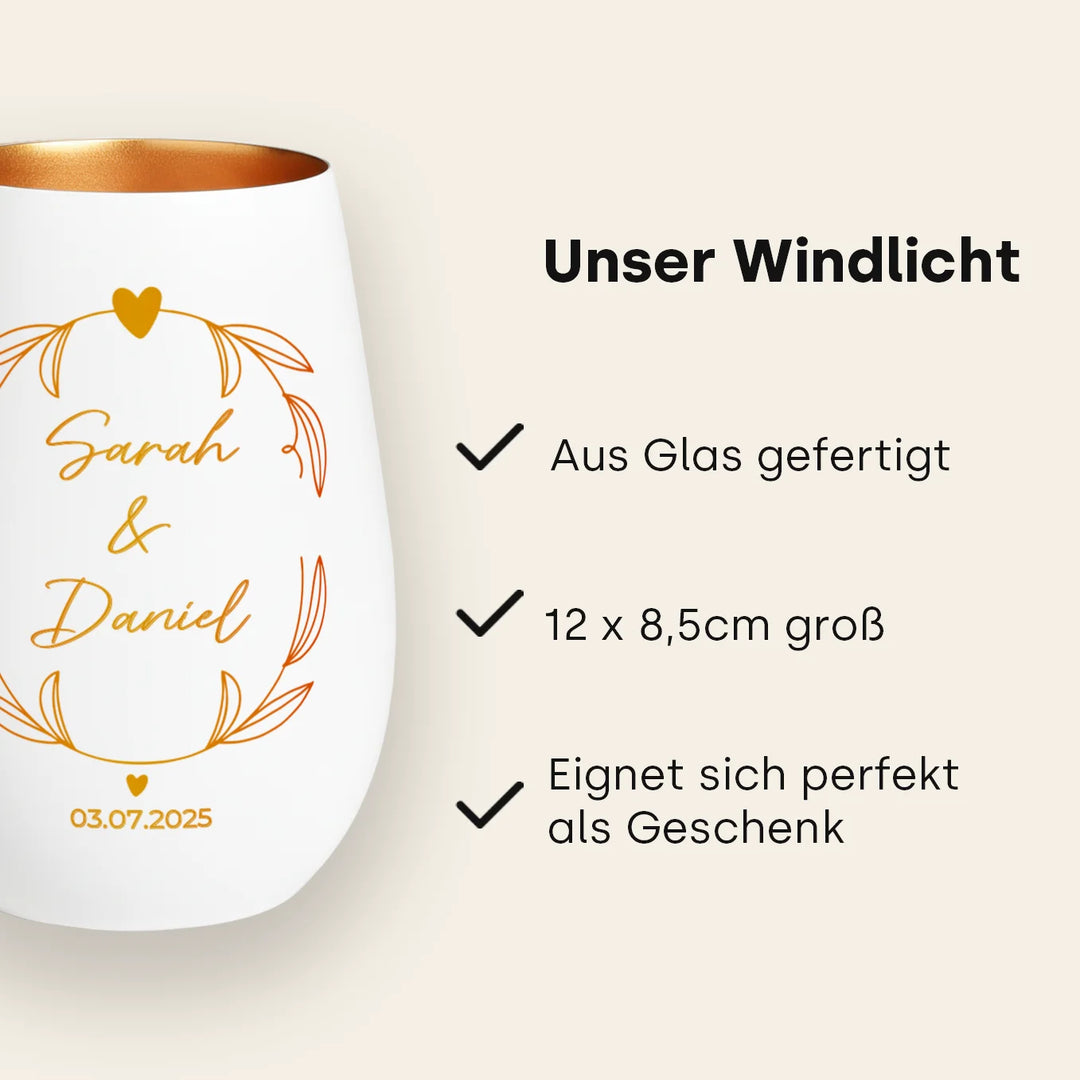 Personalisiertes Windlicht Weiß "Namen & Datum"