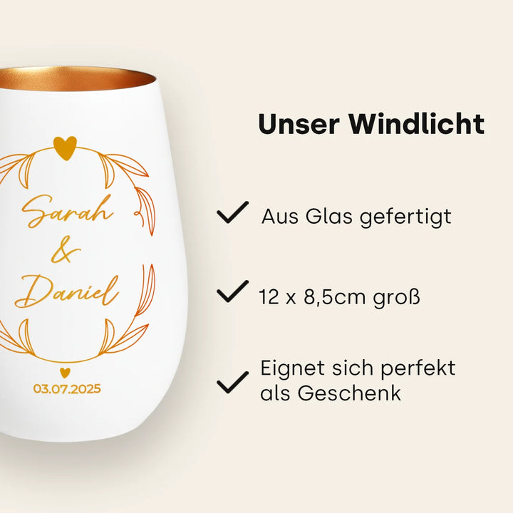 Personalisiertes Windlicht Weiß "Namen & Datum"