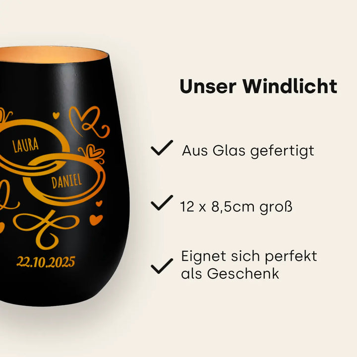 Personalisiertes Windlicht "Herzen/Ringe"