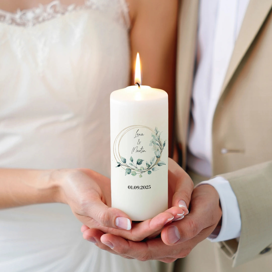 Personalisierte Kerze Hochzeit "Eukalyptus"