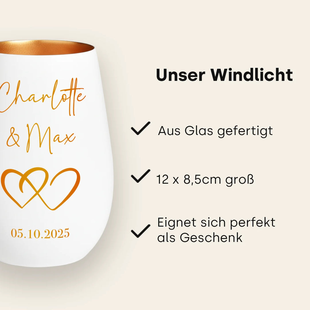 Personalisiertes Windlicht Weiß "Namen & Herzen"