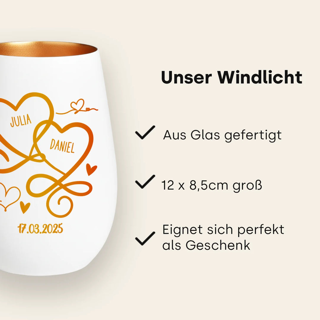 Personalisiertes Windlicht Weiß "Herzen"