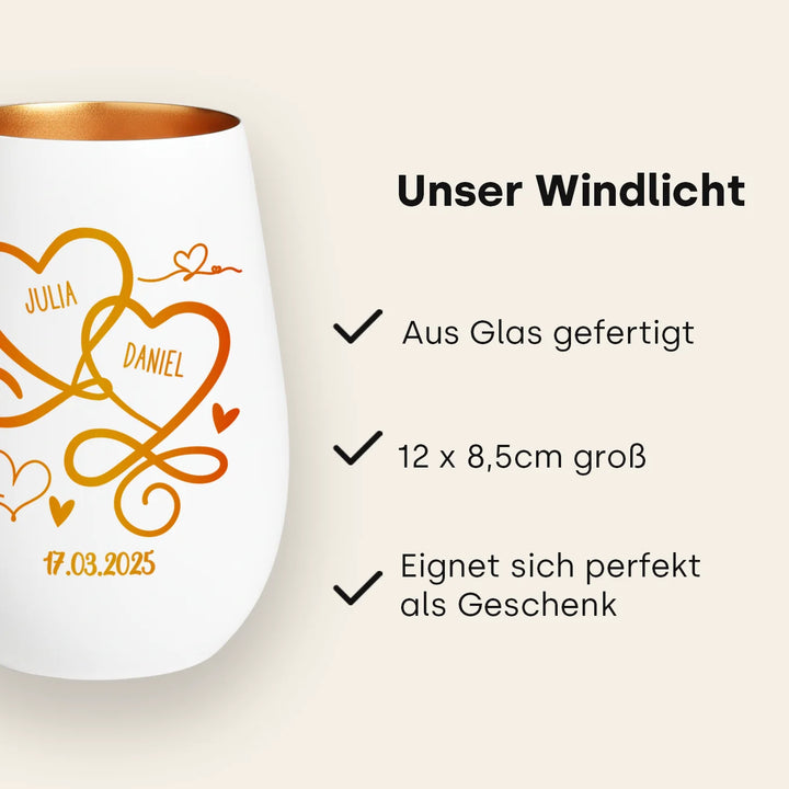 Personalisiertes Windlicht Weiß "Herzen"