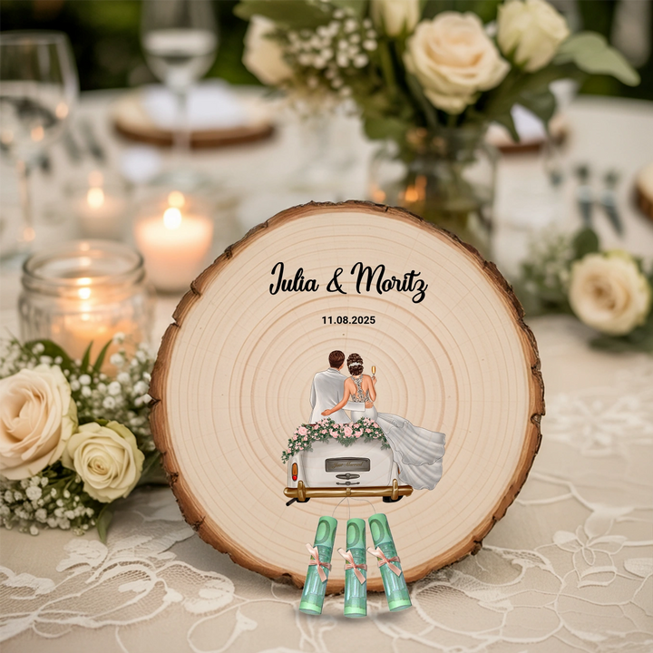 Personalisiertes Geldgeschenk Baumscheibe "Just Married"