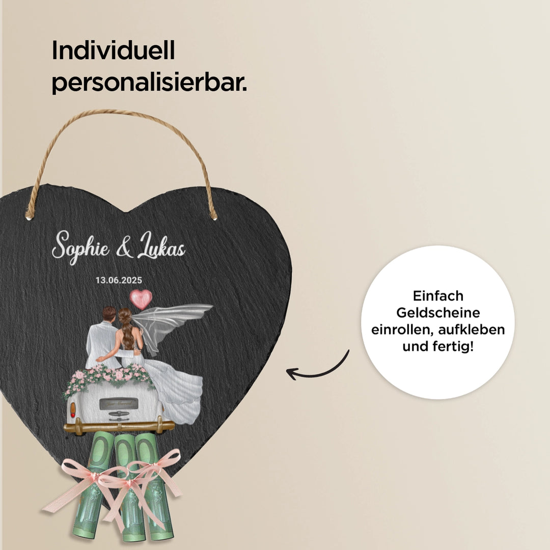 Personalisierte Schieferplatte Herz "Just Married"