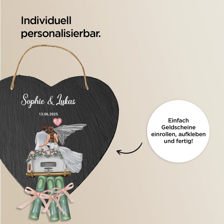 Personalisierte Schieferplatte Herz "Just Married"
