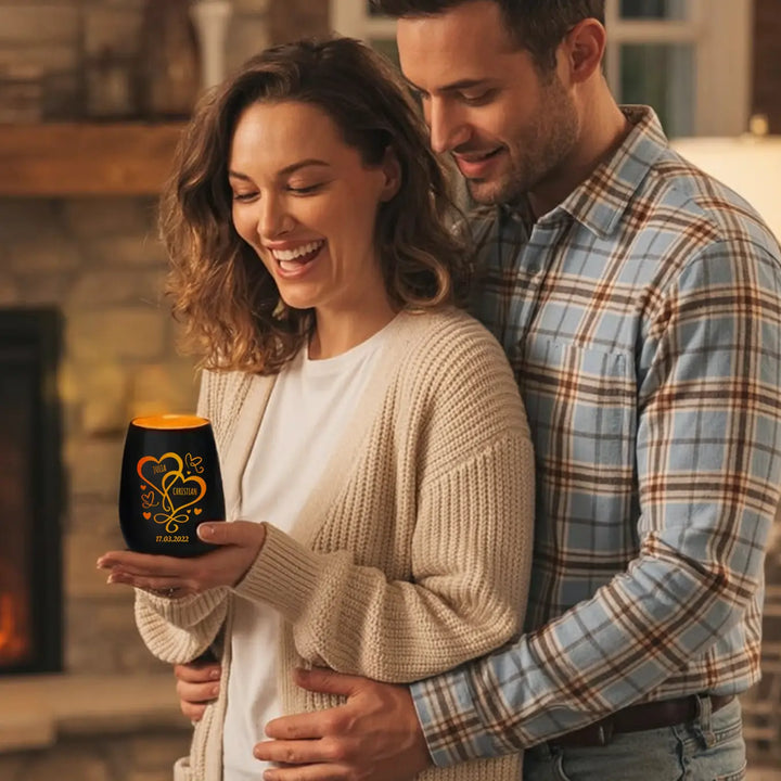 Personalisiertes Windlicht "Herzen/Ringe"