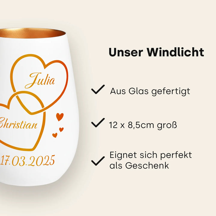Personalisiertes Windlicht Weiß "Zwei Herzen”