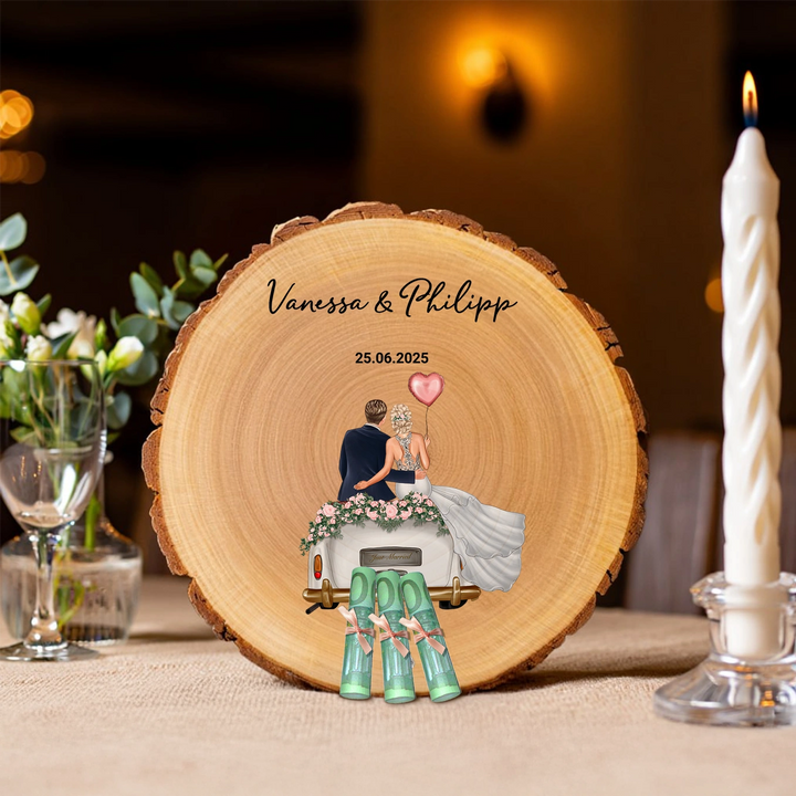 Personalisiertes Geldgeschenk Baumscheibe "Just Married"
