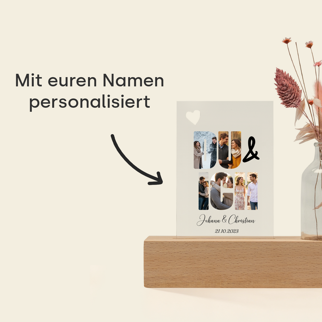 Personalisiertes Acryl-Glas mit Vase und Trockenblumen "Du & Ich"