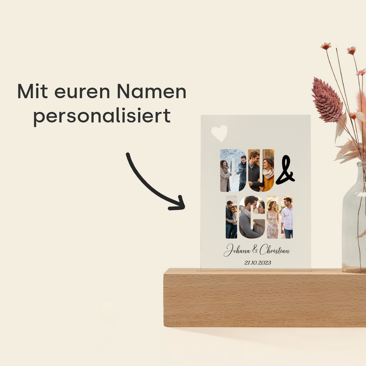 Personalisiertes Acryl-Glas mit Vase und Trockenblumen "Du & Ich"