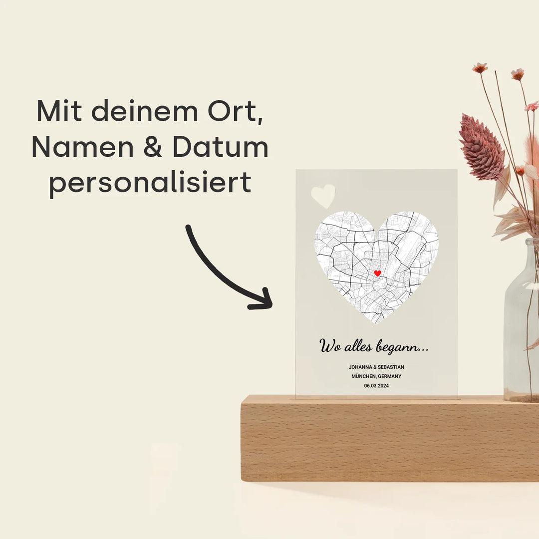 Personalisiertes Acryl-Glas mit Vase und Trockenblumen "Wo alles begann"