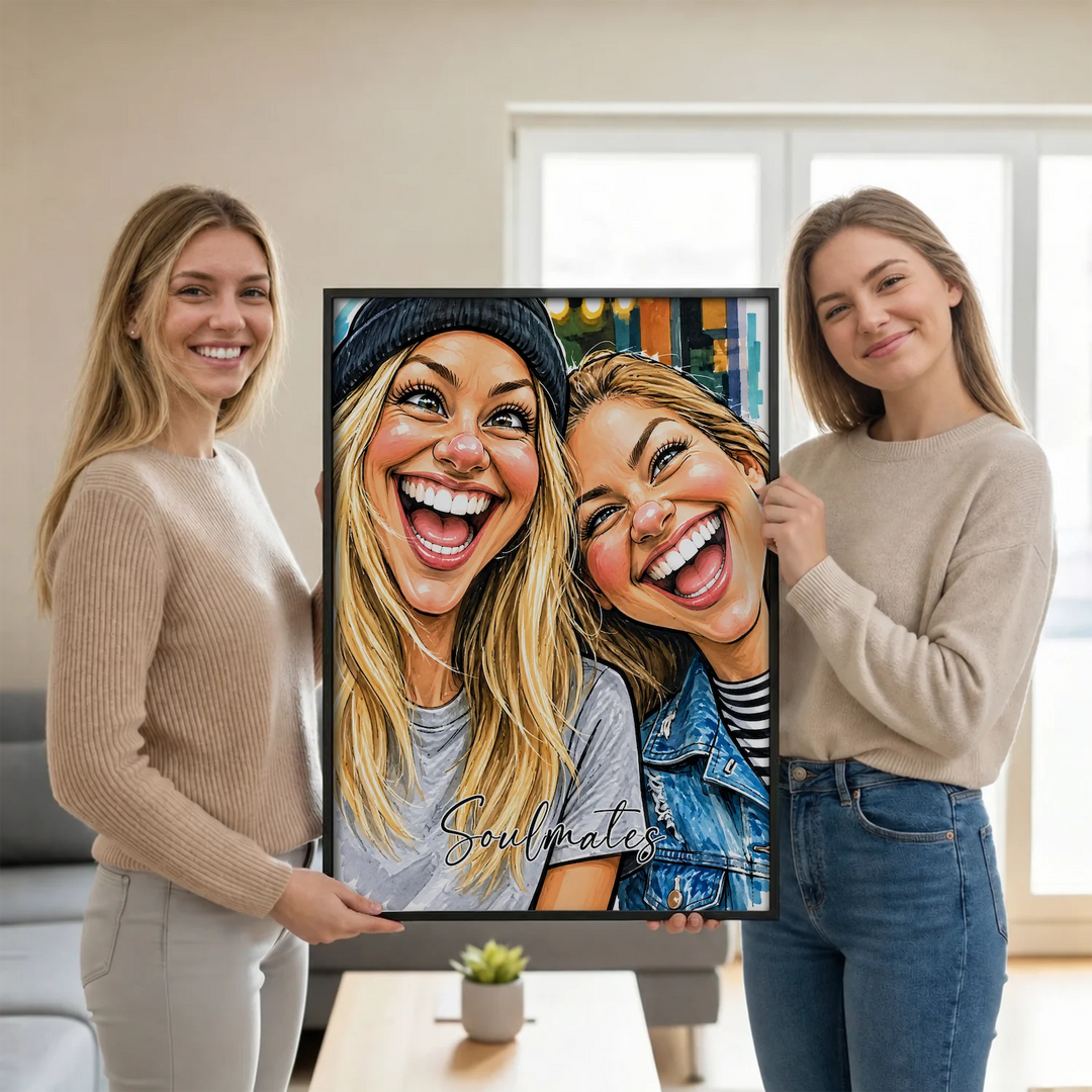 Zwei Freundinnen halten ihr Karikatur-Poster mit Schriftzug Soulmates