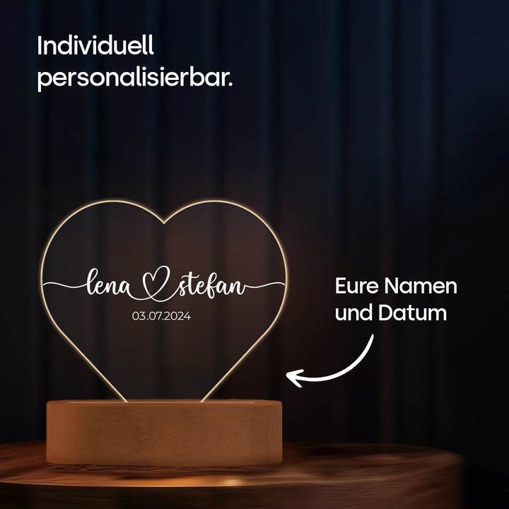 Personalisiertes Herz Acryl-Licht "Namen & Datum" | Nachtlicht, Dekolicht, Glowlight