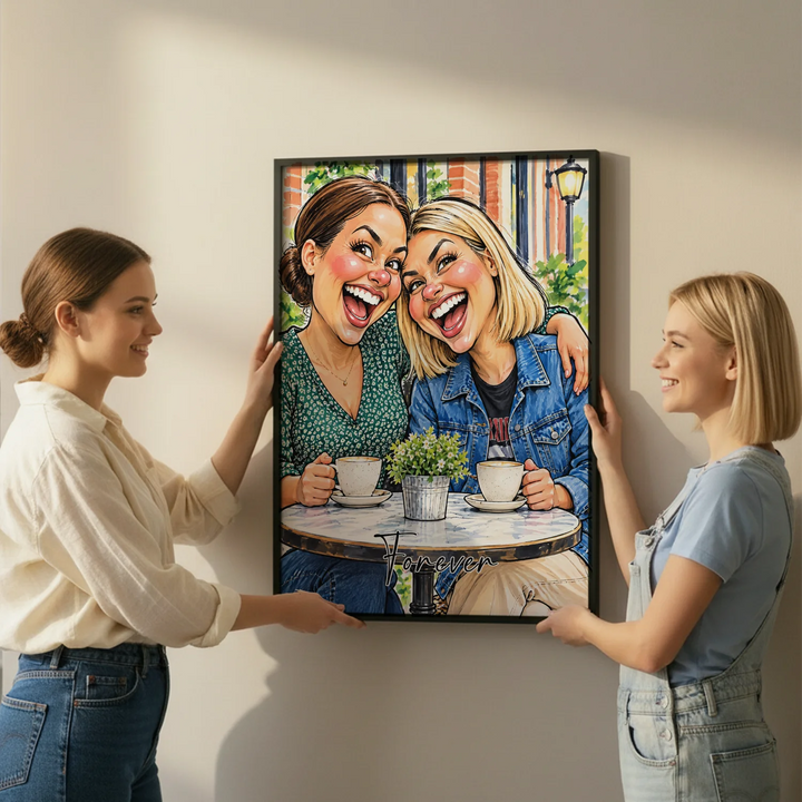 Zwei Freundinnen hängen ihr Karikatur-Poster mit Café-Motiv an die Wand