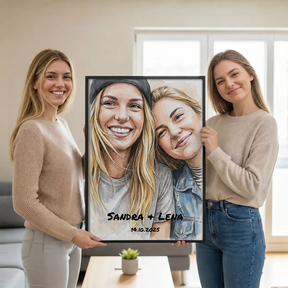 Zwei Freundinnen halten ihr gemaltes Poster mit Namen Sandra & Lena