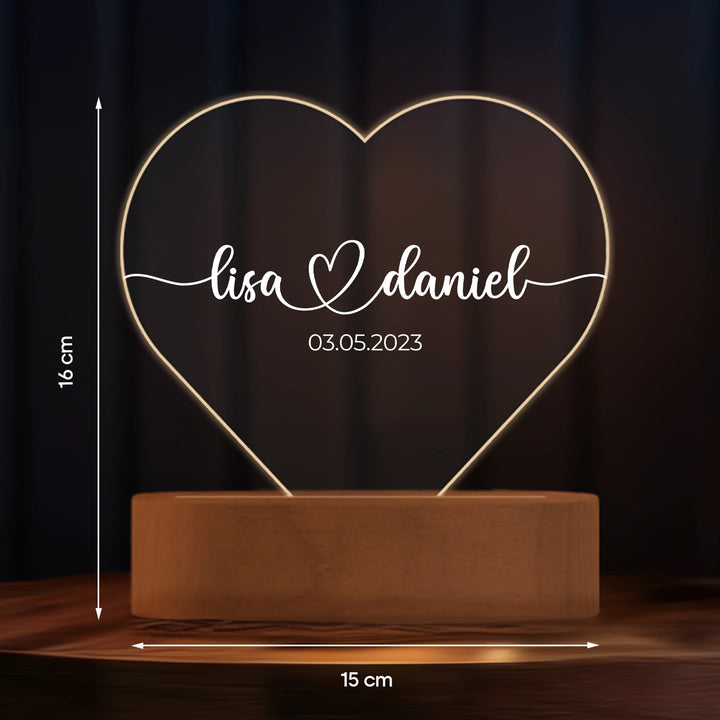 Personalisiertes Herz Acryl-Licht "Namen & Datum" | Nachtlicht, Dekolicht, Glowlight