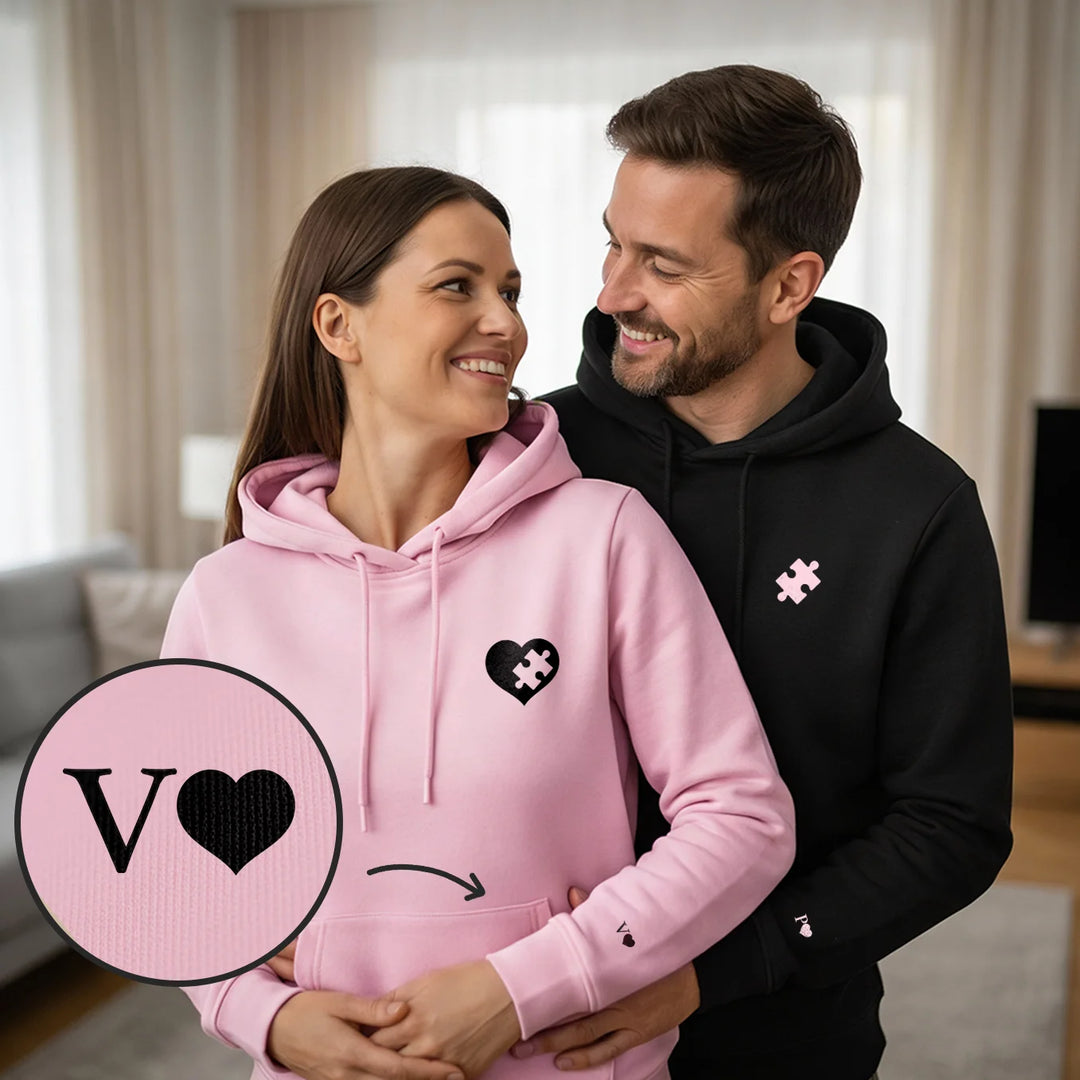 Personalisierte Partnerlook Hoodies "Puzzlestück" (mit Ärmeldruck)