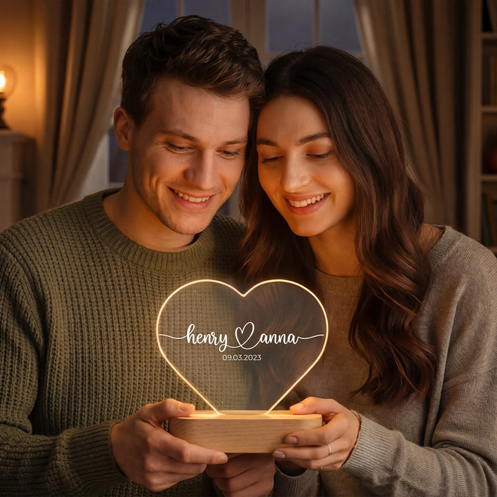 Personalisiertes Herz Acryl-Licht "Namen & Datum" | Nachtlicht, Dekolicht, Glowlight (Printess)