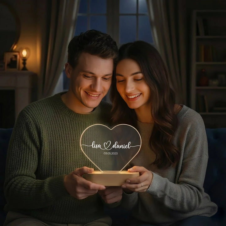 Personalisiertes Herz Acryl-Licht "Namen & Datum" | Nachtlicht, Dekolicht, Glowlight