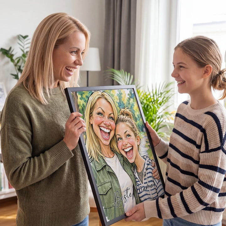 Mama und Teenager-Tochter halten gemeinsam ihr Sketch-Poster mit Schriftzug Beste Mama