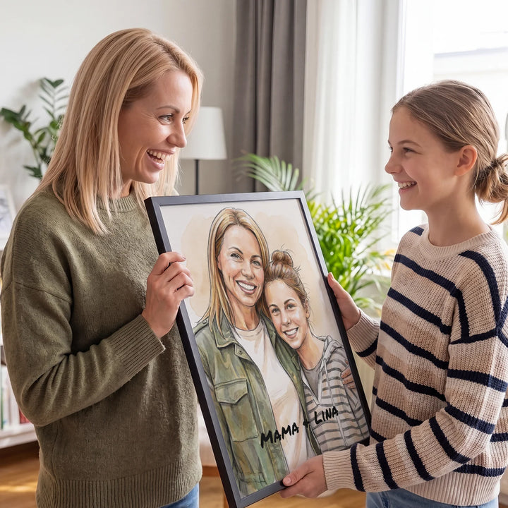 Mama und Tochter halten lachend ein Poster im Zeichenstil mit ihren Namen