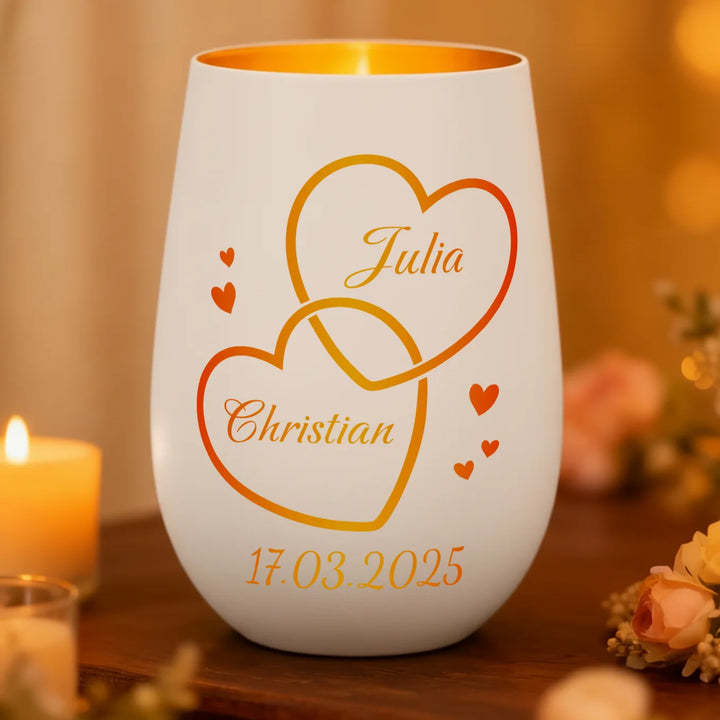 Personalisiertes Windlicht Weiß "Zwei Herzen”