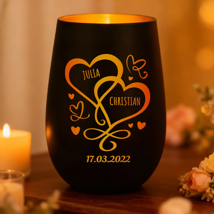 Personalisiertes Windlicht "Herzen/Ringe"