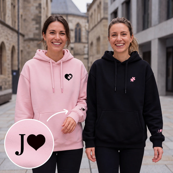 Personalisierte Hoodies „Besties Puzzle“ als Geschenk für beste Freundinnen, Initialen mit Herz am Ärmel, famwalls