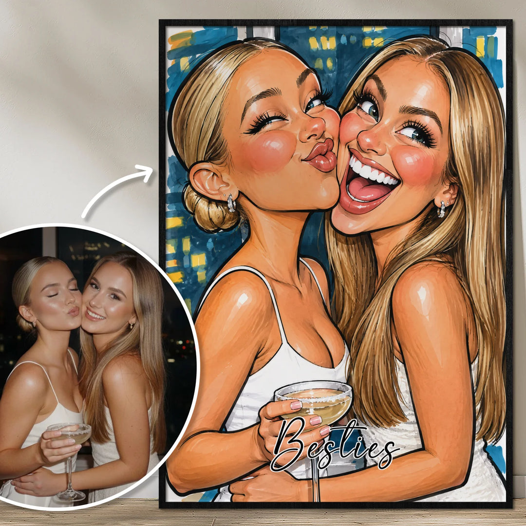 Personalisiertes Poster „Besties Sketch“ als Geschenk für die beste Freundin: gezeichnete Karikatur zweier Freundinnen nach Foto mit Schriftzug Besties