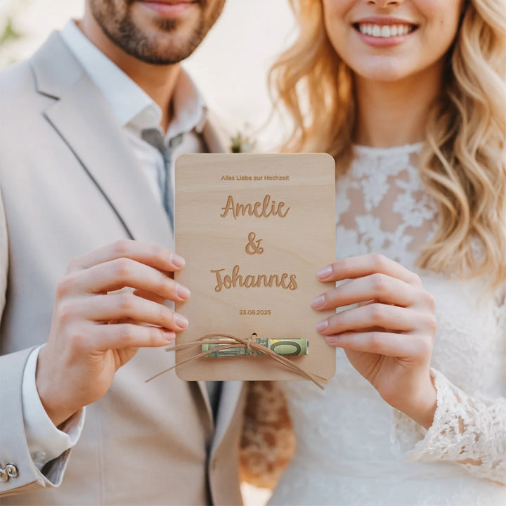 Personalisiertes Holzkarte "Hochzeit" als Geldgeschenk