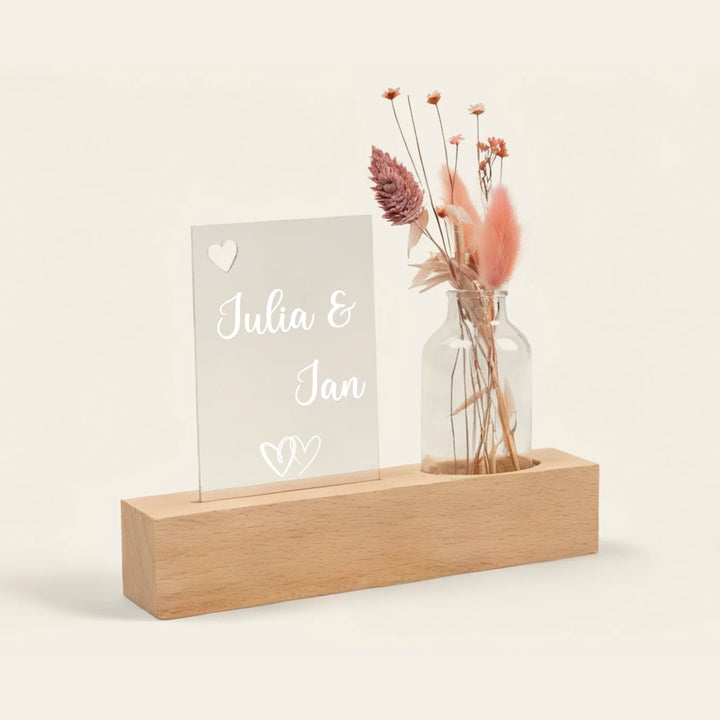 Personalisiertes Acryl-Glas mit Vase und Trockenblumen "Eure Namen"