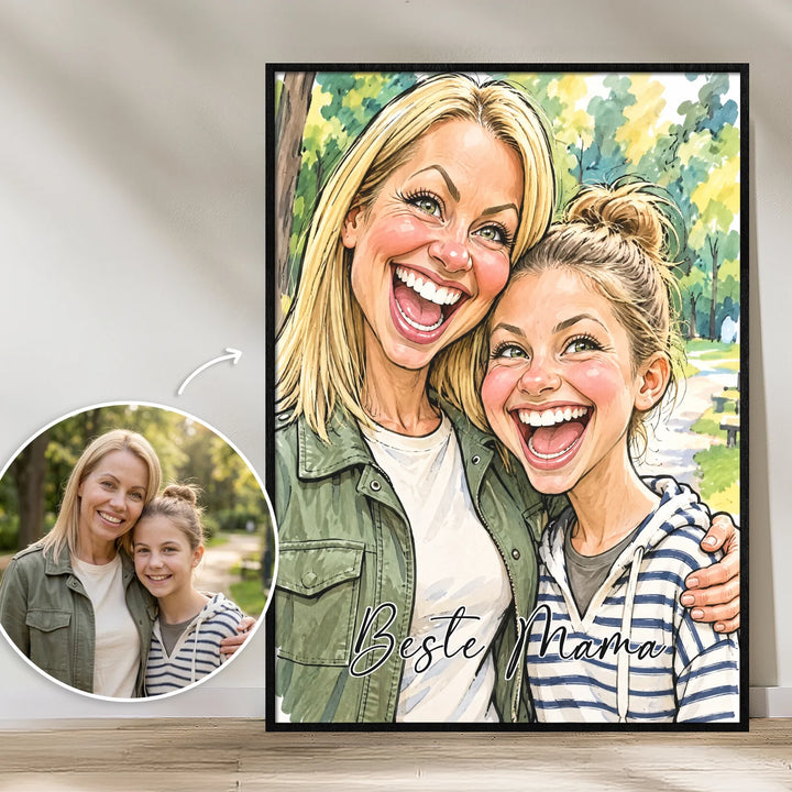 Personalisiertes Poster „Sketch Beste Mama“ als Geschenk für Mama: gezeichnete Karikatur von Mama und Tochter mit Schriftzug Beste Mama, famwalls