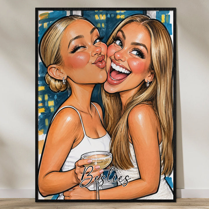 Personalisiertes Poster „Besties Sketch“ als Geschenk für beste Freundinnen: gezeichnete Karikatur zweier Freundinnen mit Schriftzug Besties, famwalls