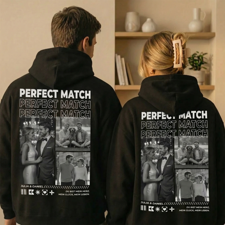 Paar von hinten in passenden Perfect-Match-Hoodies mit Fotodruck