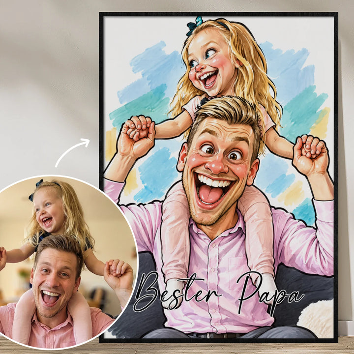 Personalisiertes Poster „Sketch Bester Papa“ als Geschenk für Papa: gezeichnete Karikatur von Papa mit Tochter auf den Schultern und Schriftzug Bester Papa, famwalls