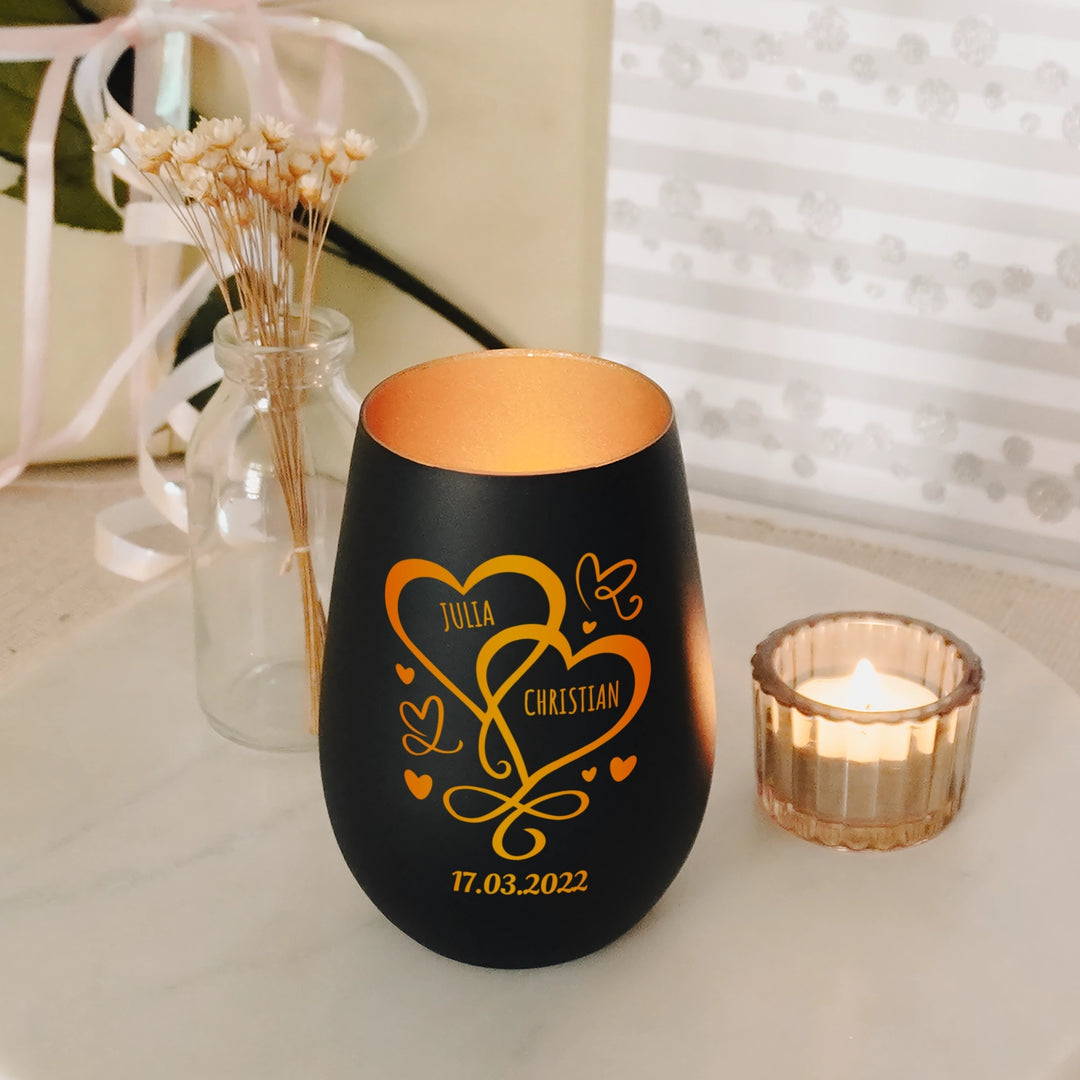 Personalisiertes Windlicht "Herzen/Ringe"