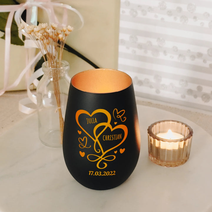 Personalisiertes Windlicht "Herzen/Ringe"