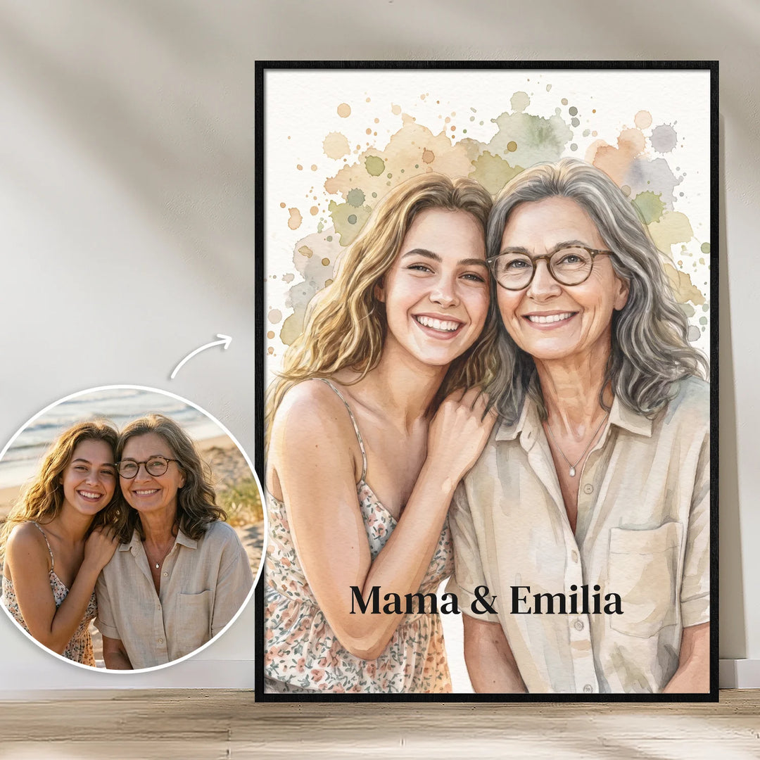 Personalisiertes Poster „Aquarell Beste Mama“ als Geschenk für Mama: Aquarell-Porträt von Mutter und Tochter mit Namen nach Foto
