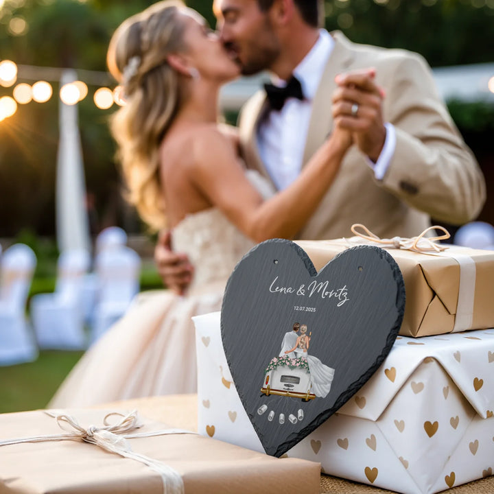 Personalisierte Schiefernplatte Herz "Just Married"