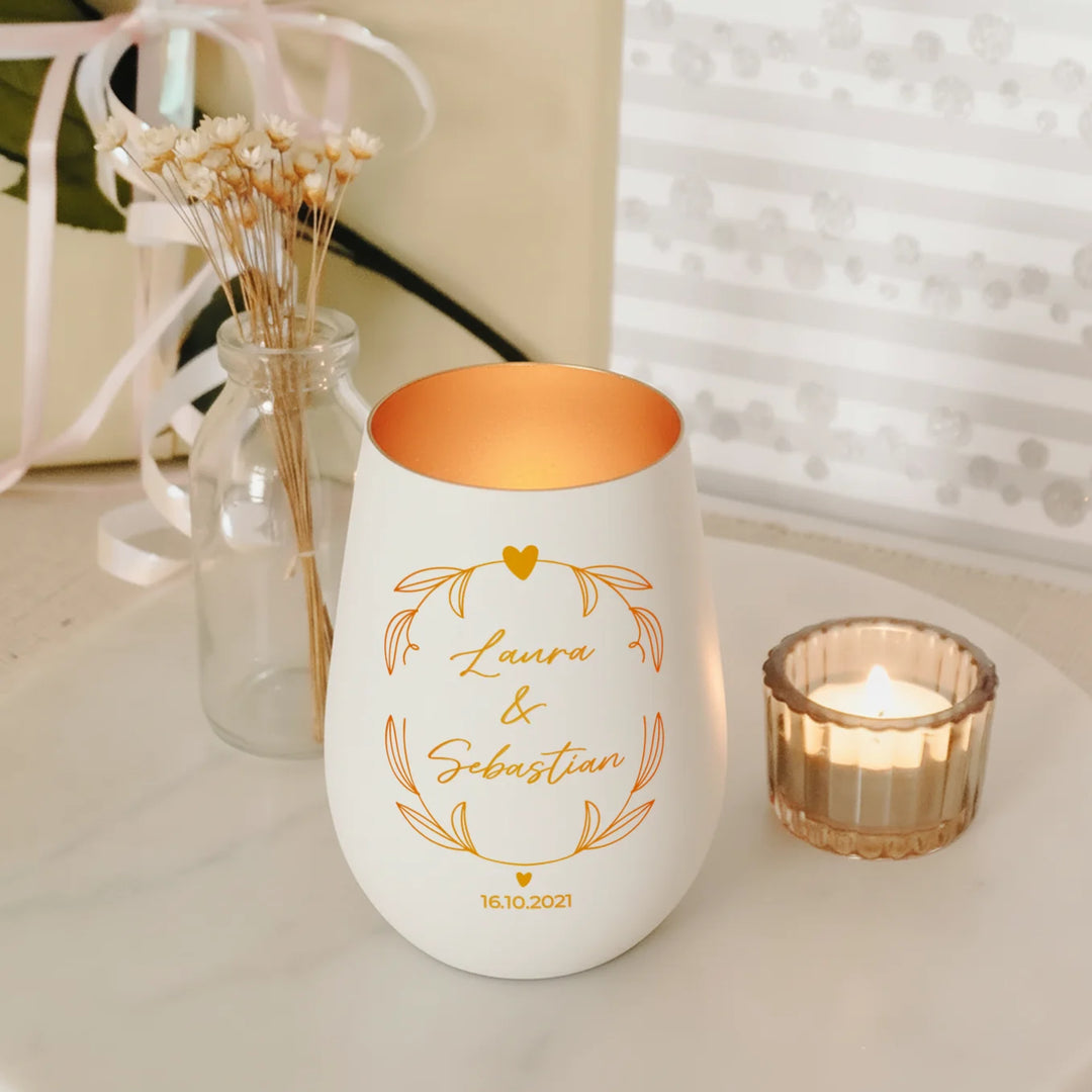 Personalisiertes Windlicht Weiß "Namen & Datum"